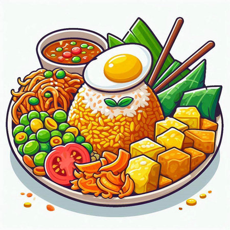 Illustration of a bowl of rice noodles with fried egg and vegetablesのイラスト素材