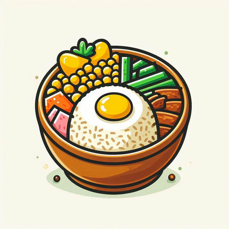 Illustration of a bowl of rice with fried egg and vegetables.のイラスト素材