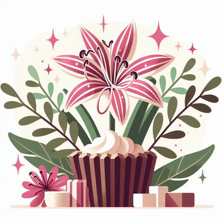 Cupcake with lily flowers and leaves. Vector illustration.のイラスト素材