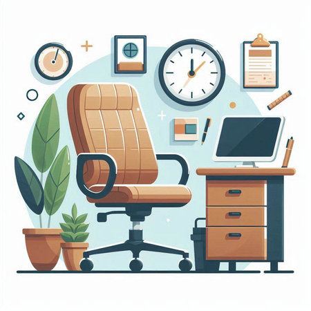 Office workplace. Workplace with chair, desk, computer, clock and plants. Flat vector illustrationのイラスト素材