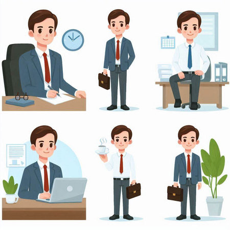 Set of businessman character in office. Vector illustration in cartoon style.のイラスト素材