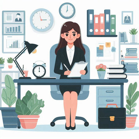 Businesswoman sitting at desk in office. Vector illustration in flat styleのイラスト素材