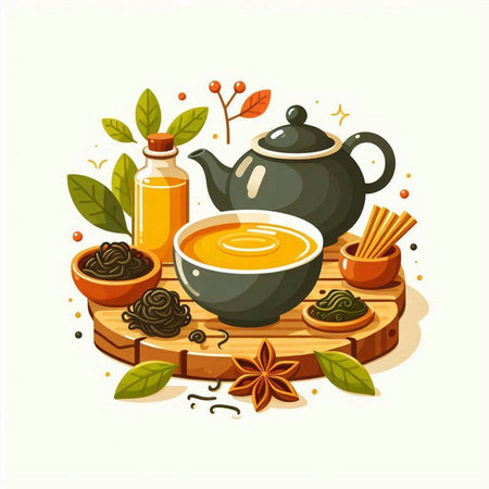 Vector illustration of green tea in a bowl, teapot, cinnamon, star anise.のイラスト素材