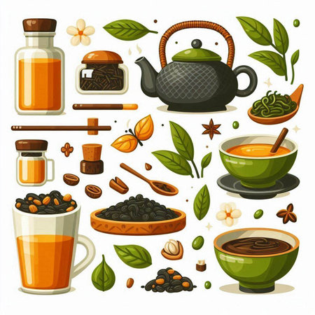 Coffee and tea set. Vector illustration in cartoon style.のイラスト素材
