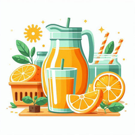 Fresh orange juice in a jug and glass. Vector illustration in flat styleのイラスト素材