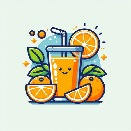 Orange juice in a glass with a straw and oranges. Vector illustration.のイラスト素材