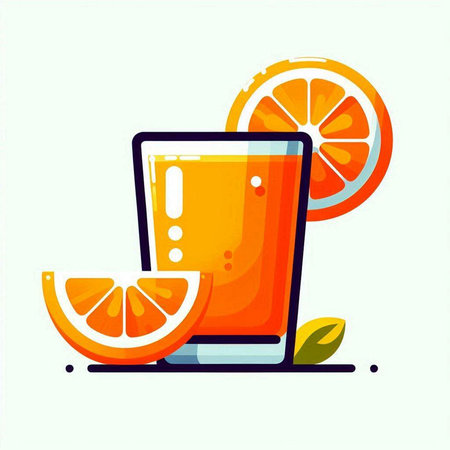Orange juice in a glass and slices of orange. Vector illustration.のイラスト素材