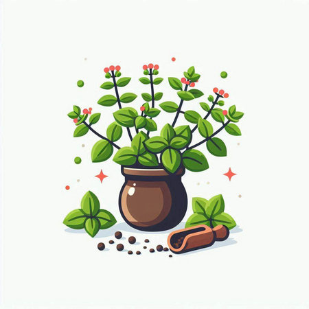 Illustration of a plant in a pot with coffee beans and cinnamonのイラスト素材
