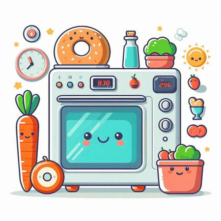Kitchen oven character with various food icons. Vector illustration in cartoon style.のイラスト素材
