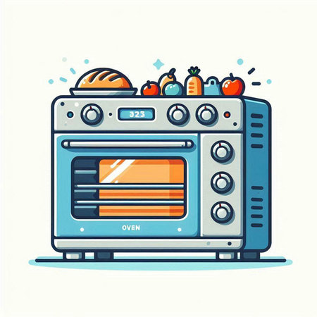 Vector illustration of an electric oven with vegetables and fruits on white backgroundのイラスト素材
