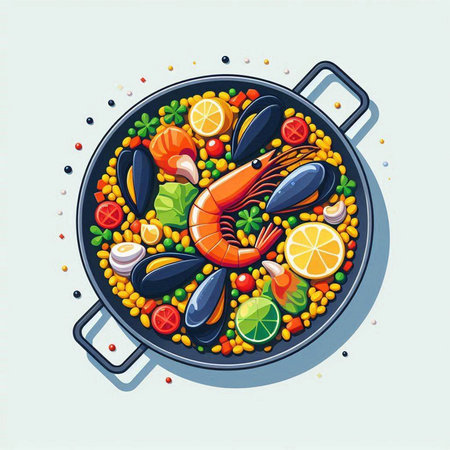 Seafood paella in a pan with vegetables and seafood. Vector illustration.のイラスト素材