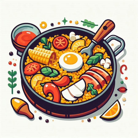Fried rice with vegetables and seafood in a frying pan. Vector illustration.のイラスト素材