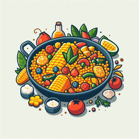Illustration of vegetable salad with corn, carrot, tomato, pepper, onion, garlic, olive oil and herbsのイラスト素材