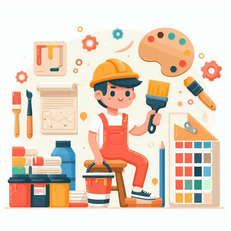 Painter with tools. Cute cartoon vector illustration. Cartoon painter.のイラスト素材