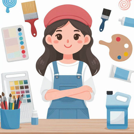 Painter girl with paint brushes and watercolors vector illustration.のイラスト素材