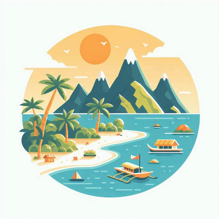 Tropical island with palm trees and boats. Vector illustration.のイラスト素材