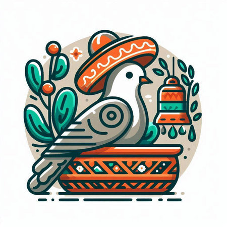 Pigeon in mexican hat and sombrero. Vector illustrationのイラスト素材