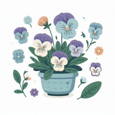 Flower pot with pansy flowers. Vector hand drawn illustration.のイラスト素材