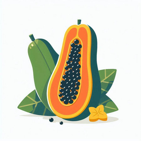 Papaya fruit with leaves on white background. Vector illustration.のイラスト素材