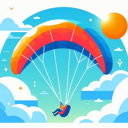 Paraglider flying in the sky with clouds. Vector illustration.のイラスト素材