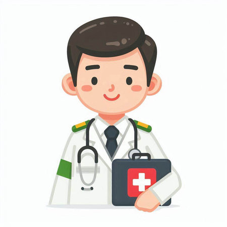 Male doctor with stethoscope and first aid kit. Vector illustration.のイラスト素材