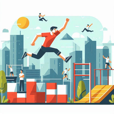 People jump over obstacles flat vector illustration. Cartoon man and woman jumping over obstacles on city background. Sport and competition conceptのイラスト素材