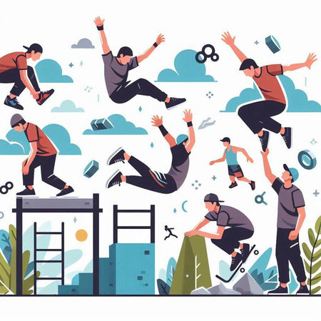 Skateboarding and extreme sports. Skateboarders jumping in the park. Vector illustrationのイラスト素材