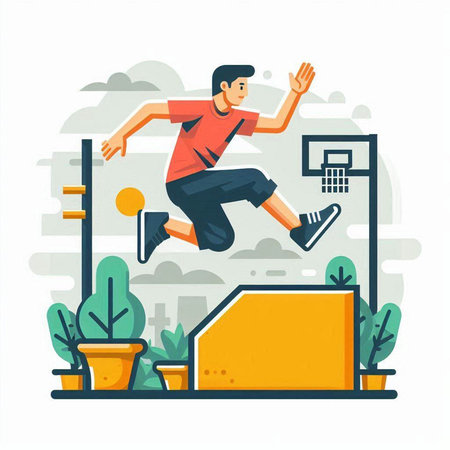 Young man jumping and playing basketball in the park. Flat style vector illustration.のイラスト素材