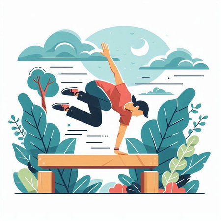 Vector illustration in flat style. Young man jumping over obstacles in park.のイラスト素材