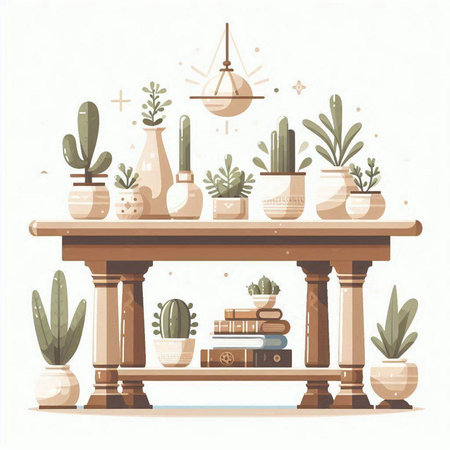 Cacti and succulents in pots on wooden table. Vector illustration.のイラスト素材