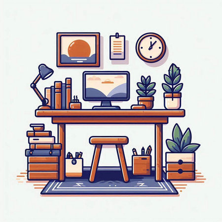 Vector illustration of modern home office interior with furniture, desk, computer, lamp, books, plants and other items.のイラスト素材