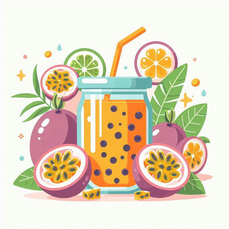 Passion fruit juice in a glass jar with a straw. Vector illustration.のイラスト素材