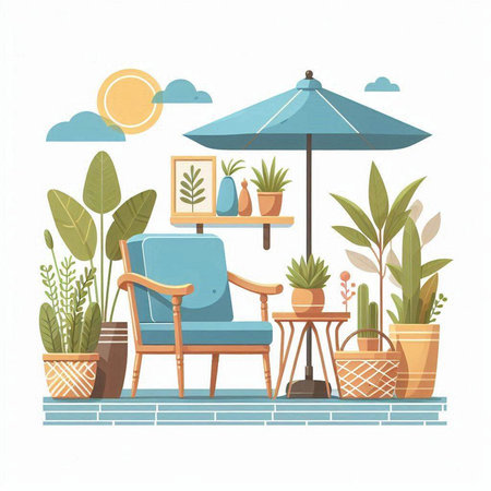 Vector illustration of a cozy terrace with armchair, plants, sun and umbrellaのイラスト素材