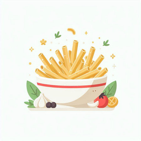 Bowl of pasta. Vector illustration in flat style on white background.のイラスト素材