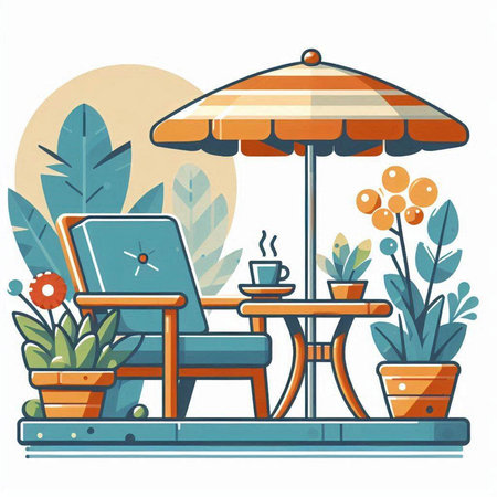 Vector illustration of a cozy terrace with a table, chair, umbrella and flowersのイラスト素材