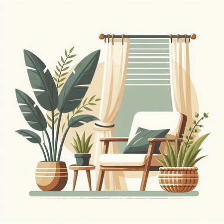 Comfortable armchair with curtains and plants in pots. Vector illustration.のイラスト素材