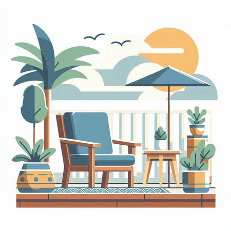 Balcony on the beach. Vector illustration in flat style.のイラスト素材