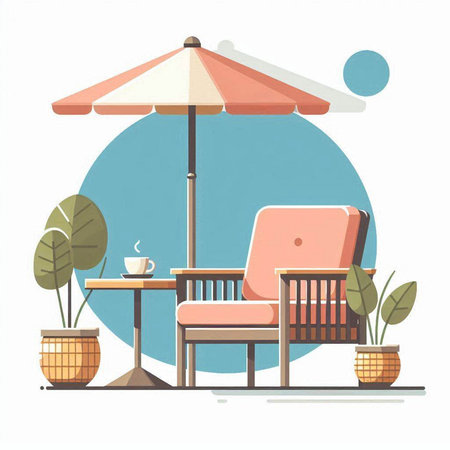 Vector illustration of a cozy terrace with a chair and an umbrellaのイラスト素材