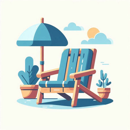 Wooden deck chair on the beach. Vector illustration in flat styleのイラスト素材