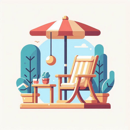 Wooden deck chair on the beach. Vector illustration in flat styleのイラスト素材
