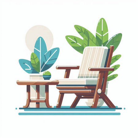 Wooden deck chair and table with plants. Flat vector illustration.のイラスト素材