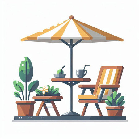 Vector illustration of a coffee terrace with a wooden table and chairs.のイラスト素材
