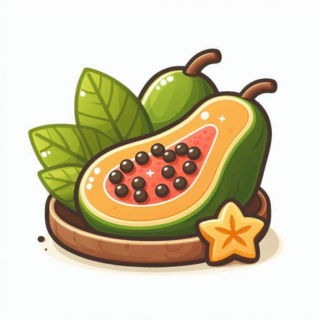 Papaya fruit with leaves on white background. Vector illustration.のイラスト素材