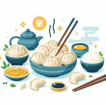 Vector illustration of Chinese dumplings in bowl with chopsticks.のイラスト素材