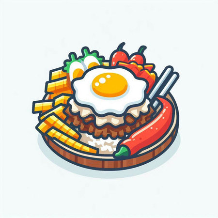 Korean food, rice with fried egg and chili pepper, vector illustrationのイラスト素材