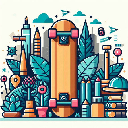 Skateboard and accessories. Colorful vector illustration in flat styleのイラスト素材