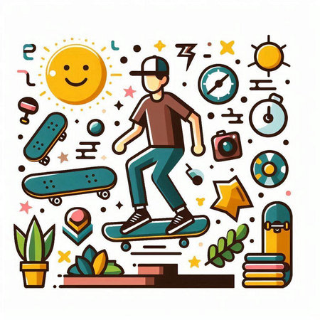 Skateboarder with skateboard. Skateboarding poster. Vector illustration.のイラスト素材