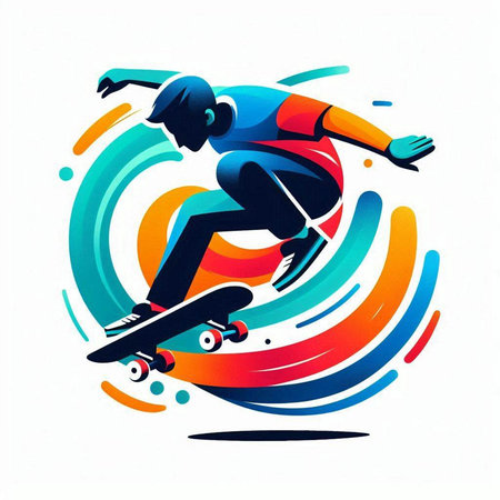 Skateboarder rides on a colorful background. Vector illustration.のイラスト素材