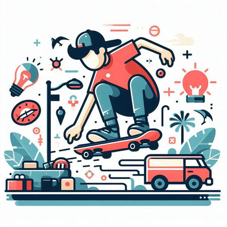 Skateboarder riding a skateboard on the road. Vector illustration.のイラスト素材