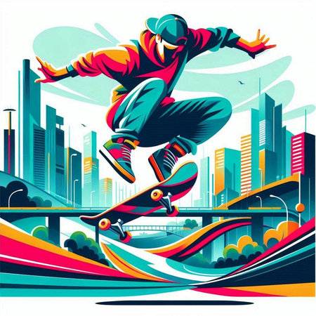 Skateboarder on a city background. Vector illustration. Eps 10.のイラスト素材
